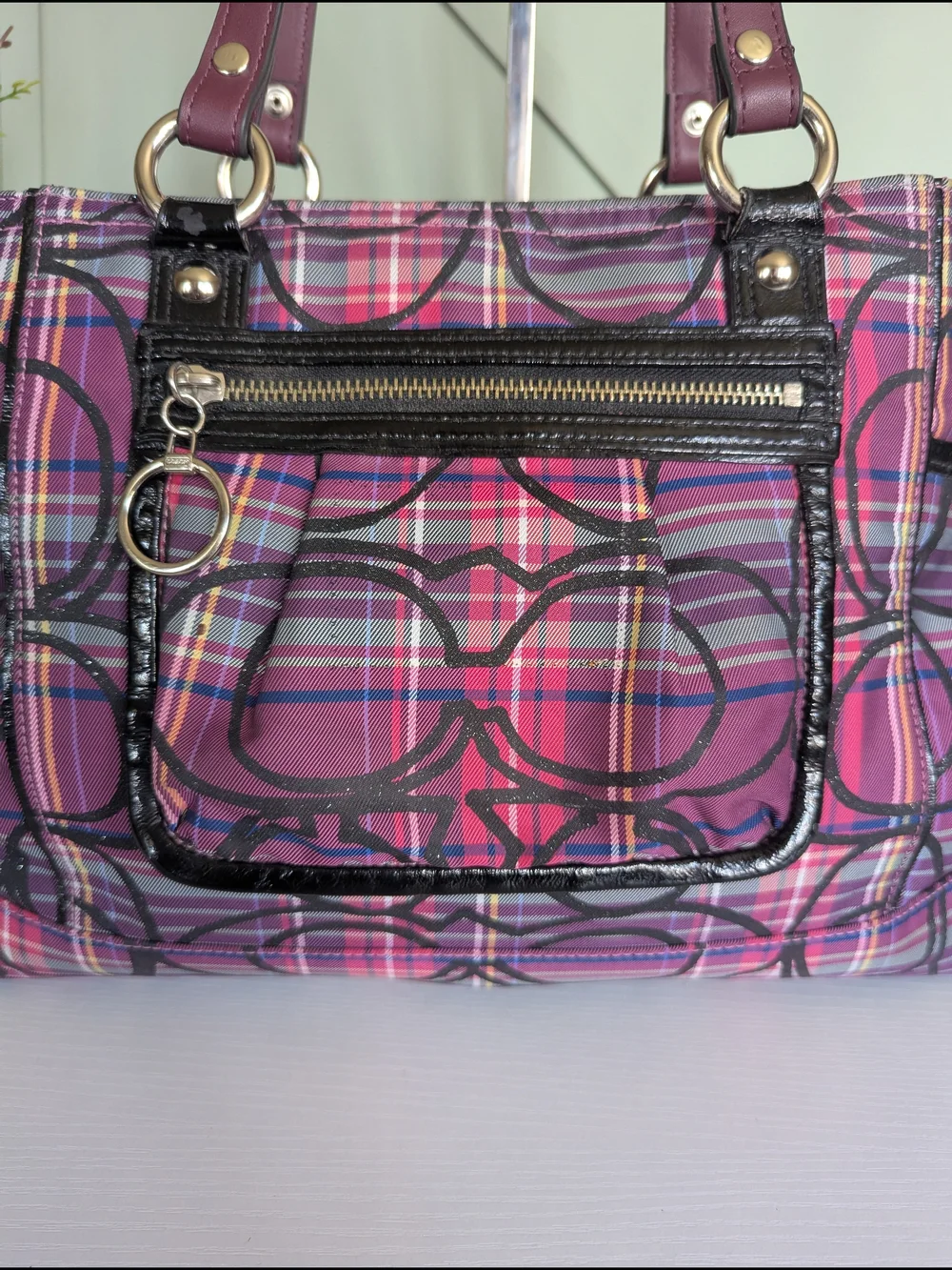 Coach Pink and Purple Plaid Signature Tote